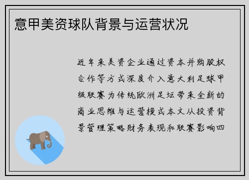 意甲美资球队背景与运营状况